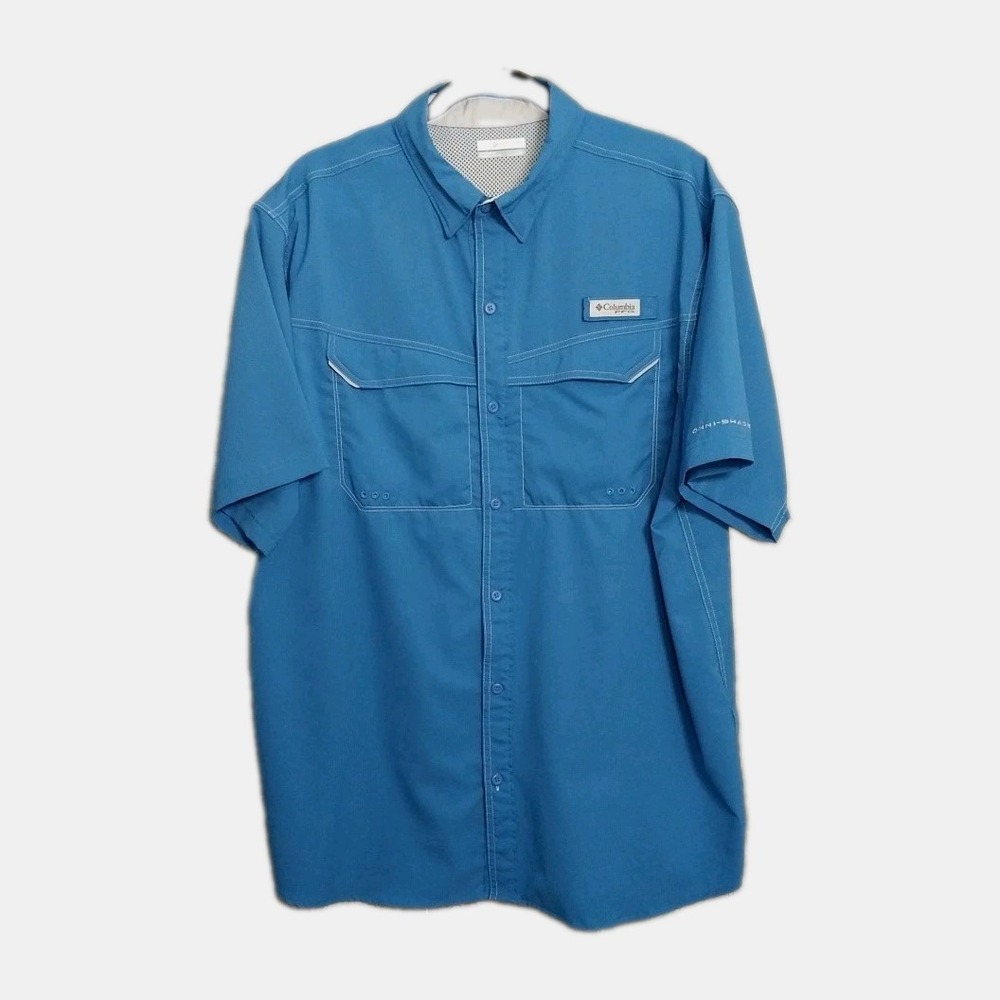 Columbia PFG Omni Shade Fishing Vented Mens Large Short Sleeve Blue Button Shirt